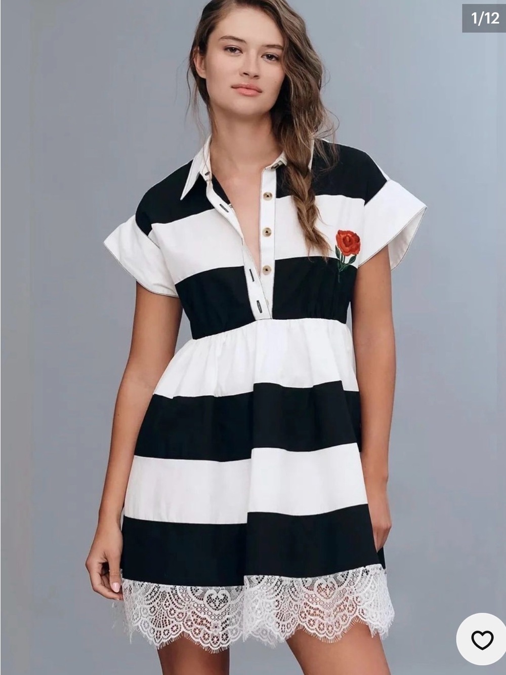 Anthropologie Black and White Striped Lace-Hem Mini Dress with Red Rose